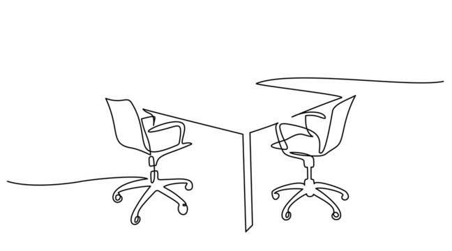 Table with office chairs. Continuous One line drawing art. Isolated vector illustration