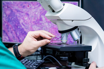 Laboratory assistant works with microscope at the modern laboratory.