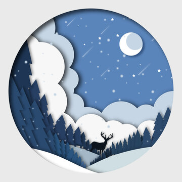 winter 3d abstract paper cut illustration of deer in the forest snow. moon and stars in the night