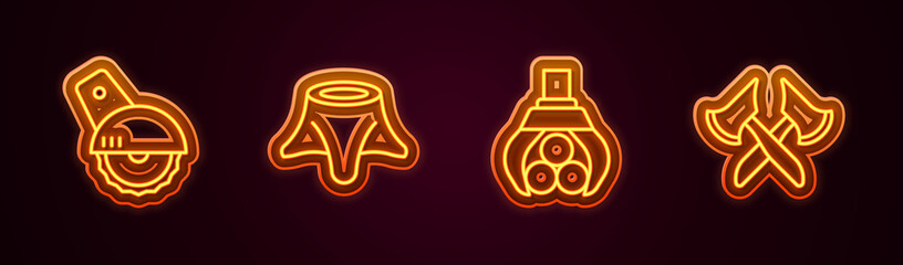 Set line Electric circular saw, Tree stump, Grapple crane grabbed log and Wooden axe. Glowing neon icon. Vector