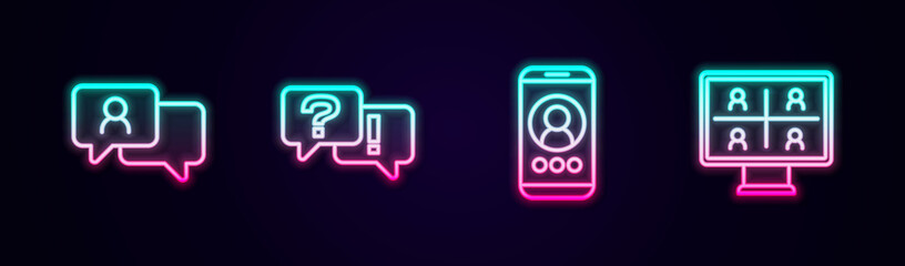 Set line Speech bubble chat, Question and Answer, Video conference and . Glowing neon icon. Vector