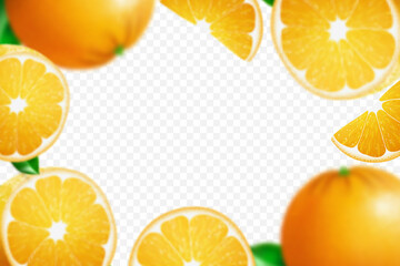 Falling juicy oranges with green leaves isolated on transparent background. Flying defocusing slices of oranges. Applicable for fruit juice advertising. Realistic 3d Vector illustration.