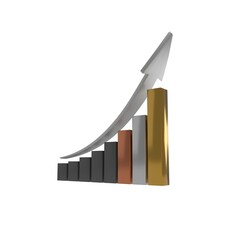 3d model of a ladder to success and a pointing silver arrow to the top. steps in the growth and quality of materials starting from black and going to bronze, silver and gold.
