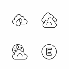 Set line Compass west, Cloud with moon, rain and icon. Vector