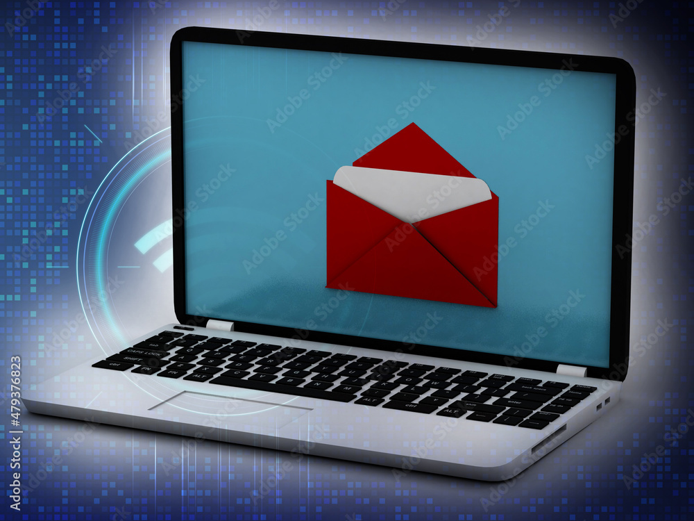 Poster 3d rendering laptop with opened e mail box