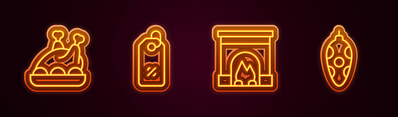 Set line Roasted turkey or chicken, Discount percent tag, Interior fireplace and Christmas toy. Glowing neon icon. Vector