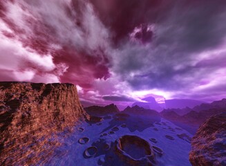  alien landscape at the rising of a star and a parade of planets, alien world, the surface of another planet, fantastic landscape, 3D rendering