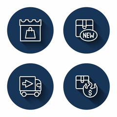 Set line Shopping day, New collection, Delivery cargo truck and Hot price with long shadow. Blue circle button. Vector