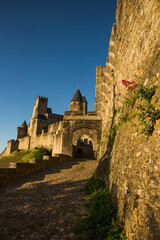 Carcassonne Medieval Citadel Western Entrance Door  with Circular Markings Left by Felice Varini Artwork at Sunset