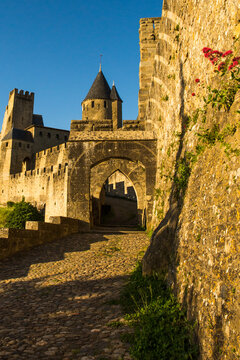 Carcassonne Medieval Citadel Western Entrance Door  with Circular Markings Left by Felice Varini Artwork at Sunset