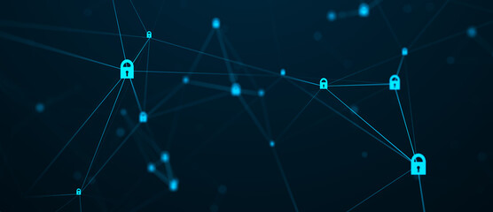Fototapeta premium Cybersecurity. Abstract connections background. Network connected with locks. Big data analysis. 3d rendering illustration