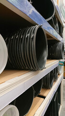 Plastic buckets are on the shelves in a building materials store.