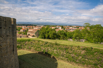Fototapeta na wymiar View of Carcassonne City from its Medieval Citadel (Cité Médiévale) and Moat in France