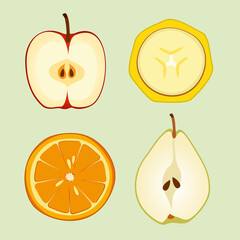 fruits in the section. Apple, banana, orange, pear