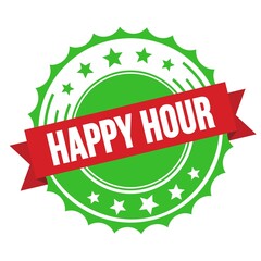 HAPPY HOUR text on red green ribbon stamp.