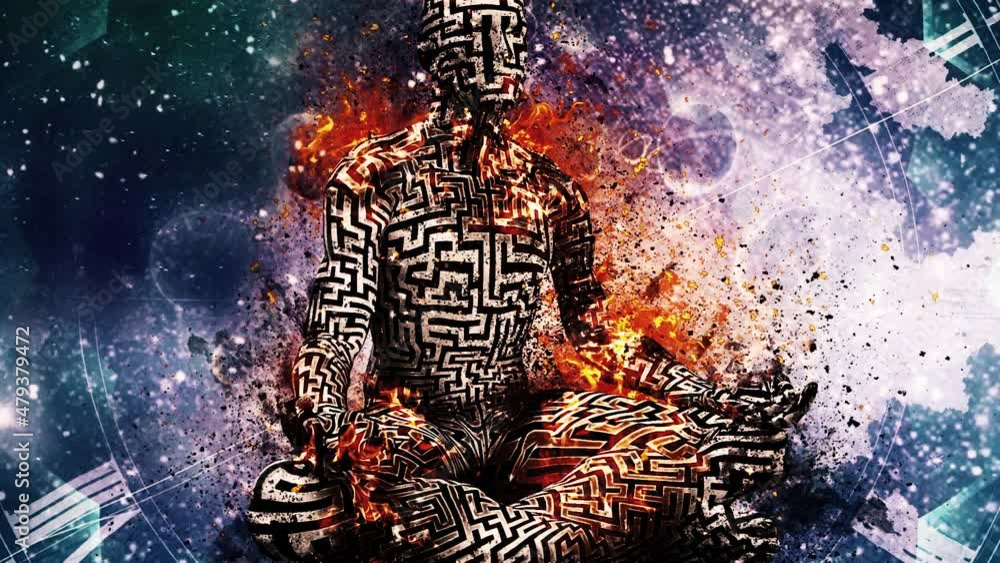 Poster the power of meditation. burning man with maze pattern meditates in endless space animation