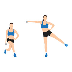 Woman doing Curtsy lunge side kick lateral raise exercise. Flat vector illustration isolated on white background