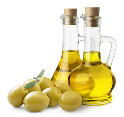Bottles with olive oil and delicious olives, isolated on white background