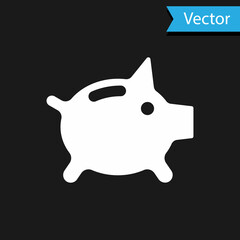 White Piggy bank icon isolated on black background. Icon saving or accumulation of money, investment. Vector.