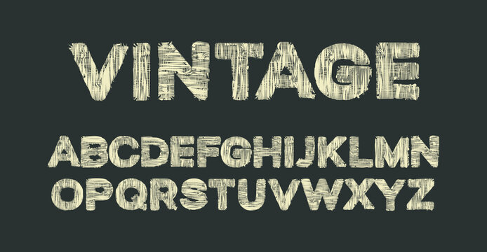 VINTAGE lettering in fabric letters and the English alphabet with an old textile texture. Vector set of capital Latin letters in retro style on a dark background. Stylish creative fabric font design