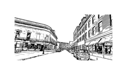 Building view with landmark of Lowell is a city in Massachusetts. Hand drawn sketch illustration in vector