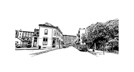 Building view with landmark of Lowell is a city in Massachusetts. Hand drawn sketch illustration in vector