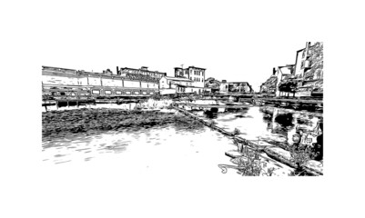 Fototapeta premium Building view with landmark of Lowell is a city in Massachusetts. Hand drawn sketch illustration in vector