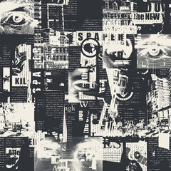Abstract seamless pattern with chaotic layering of newspaper and magazine clippings. Monochrome vector background with illegible text, illustrations and headlines . Wallpaper, wrapping paper, fabric