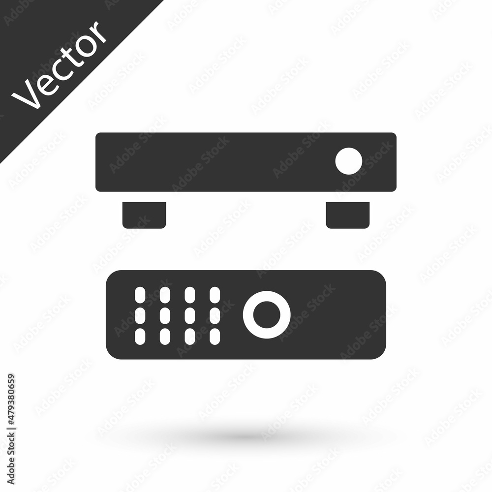 Poster grey multimedia and tv box receiver and player with remote controller icon isolated on white backgro