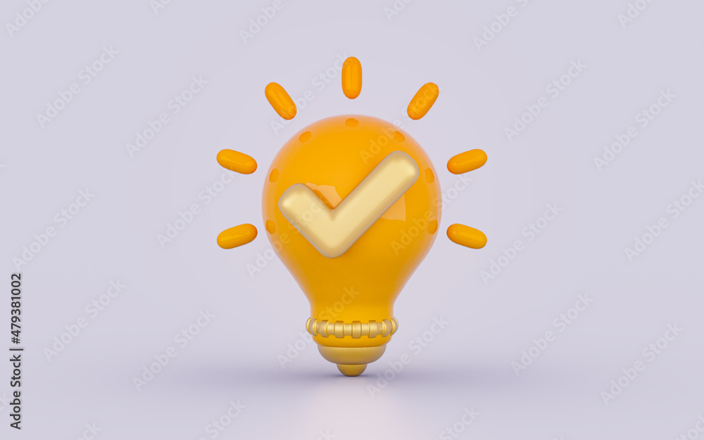 Aufkleber lightbulb checkmark glossy bright realistic sign on white background 3d render web icon concept