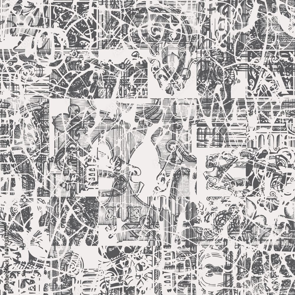 Poster abstract seamless pattern with hand-drawn architectural fragments and chaotic doodles on light backd