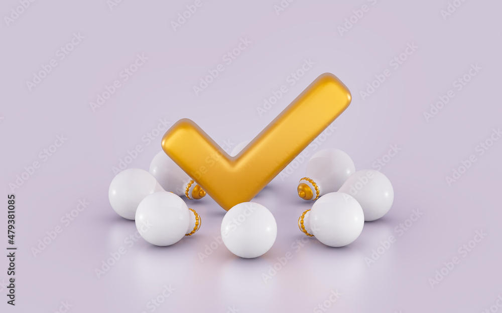 Aufkleber lightbulb checkmark glossy bright realistic sign on white background 3d render web icon concept