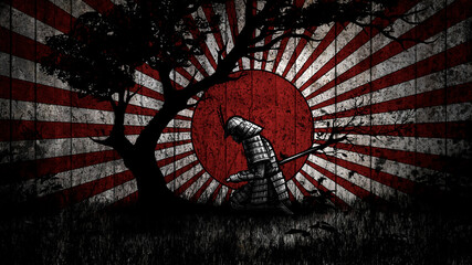 The last samurai, made harakiri, sitting under a tree against the background of the japanese flag with rays. Drawing of a Japanese warrior, who pierced himself with a katana from which branches grow.