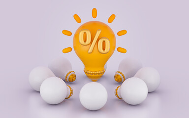 light bulb discount percent icon bright realistic sign on white background 3d render concept