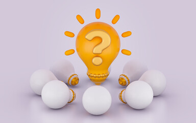 light bulb question mark glossy bright realistic sign on white background 3d render concept