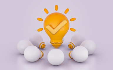 lightbulb checkmark glossy bright realistic sign on white background 3d render web icon concept