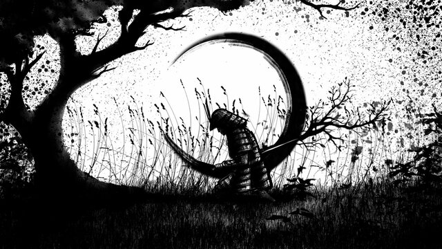 Ink illustration of a Japanese warrior, who pierced himself with a katana from which branches grow. The last samurai, made harakiri, sitting in field under a tree against the background of the moon.