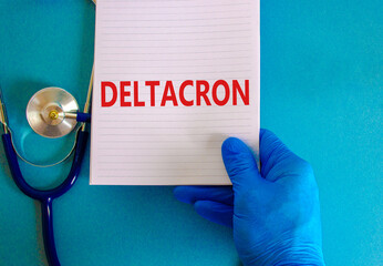New covid-19 deltacron variant strain symbol. Hand in blue glove with white note. The concept word...
