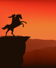 sunset wild west vector silhouette scene with native american woman riding rearing up horse at cliff top with view over mountains