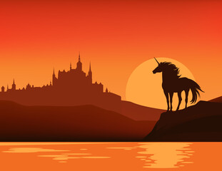fantasy kingdom scene with sunset sky, lake shore, magic unicorn horse and medieval castle silhouette - fairy tale vector copy space background