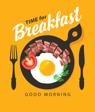 Vector banner on the theme of Breakfast time with cutlery, scrambled egg, appetizing bacon and tomato on a black frying pan on a yellow background. Morning menu for a food and drink cafe in flat style