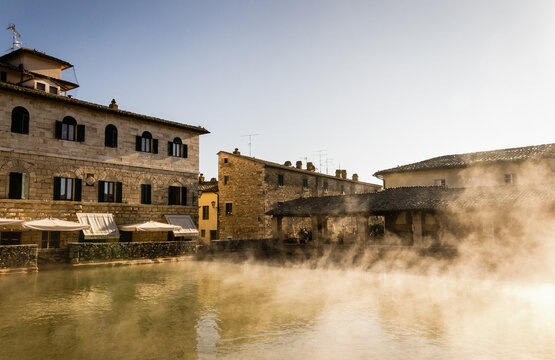 Old thermal baths in the medieval village of Bagno Vignoni, Siena province, Tuscany, Italy