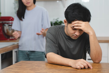 Quarrel couple concept. Asian Wife and husband sad after argue.