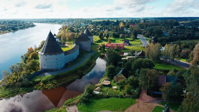 Old Russian fortress. Ancient fortress on the coast of Volkhov river in the town of Staraya Ladoga (Old Ladoga) in Russia. Aerial view of the ancient fortress.