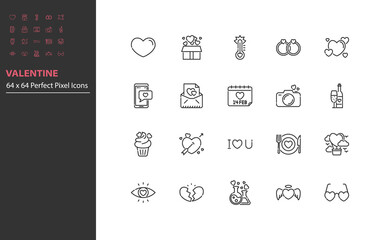 set of valentine line icons, love, heart, wedding