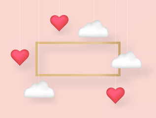 vector illustration gold frame for text copy space, heart, clouds on a pink background. love concept. cute template for wedding, valentines day card, romance. empty frame