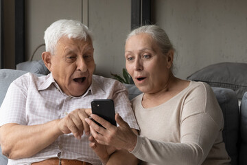 Happy surprised middle aged old 70s retired family couple looking at cellphone screen, feeling...