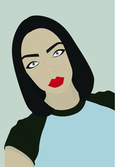 Young attractive girl in a t-shirt. Vector flat image of a girl with bright lips and attractive appearance. Design for cards, posters, avatars, backgrounds, textiles, templates.