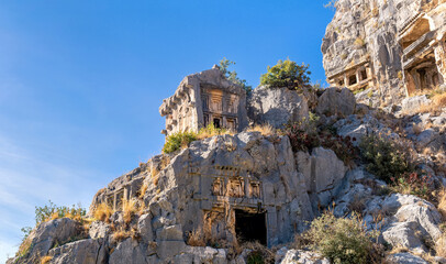 ancient tombs and crypts carved into the rocks in the ruins of Myra