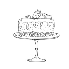 Cake with roses, strawberries. Vector illustration, sketch.